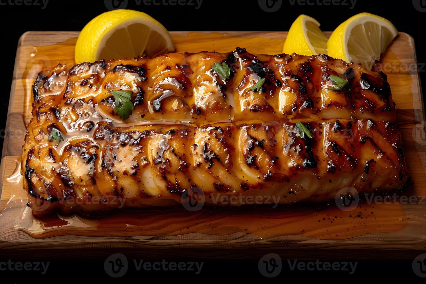 Grilled Honey-Glazed Salmon with Fresh Lemon Slices on Wooden Board - Gourmet Cuisine for Restaurant Menu, Poster, or Print photo