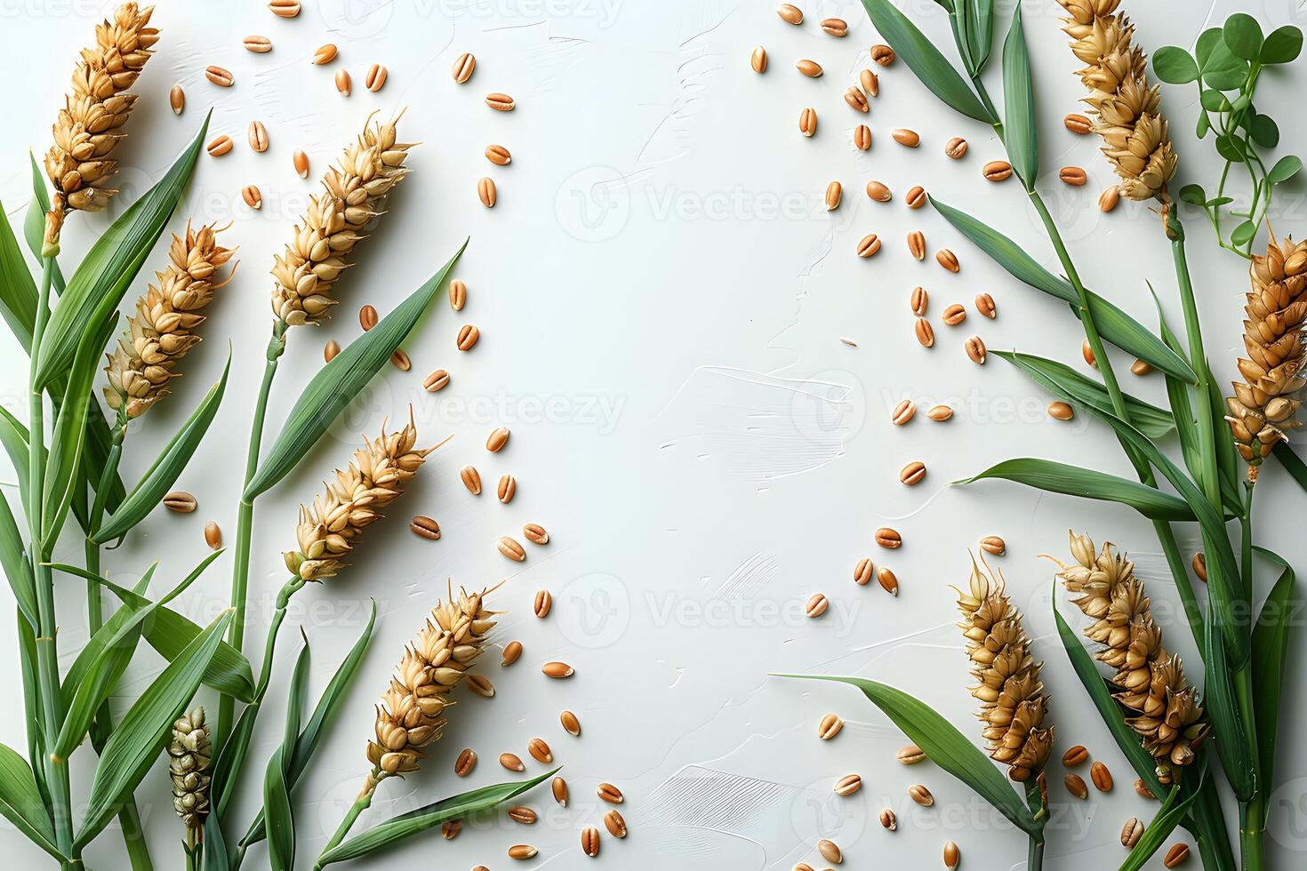 Natural Wheat Ears and Seeds on White Background - Harvest and Agricultural Concept, Perfect for Prints and Posters photo