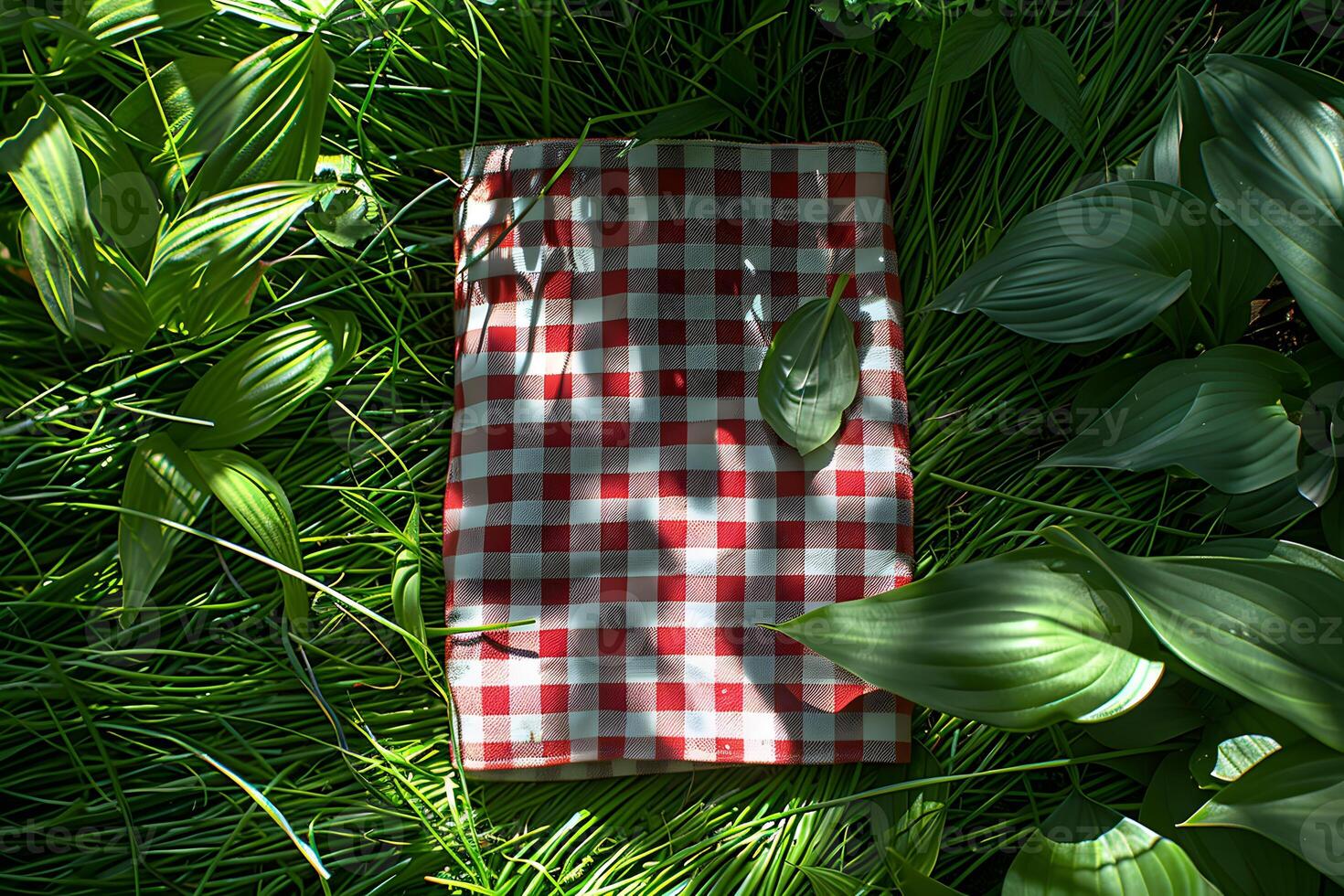 Picnic Blanket with Red and White Checkered Pattern in Lush Green Grass - Perfect for Summer Outings and Outdoor Gatherings photo