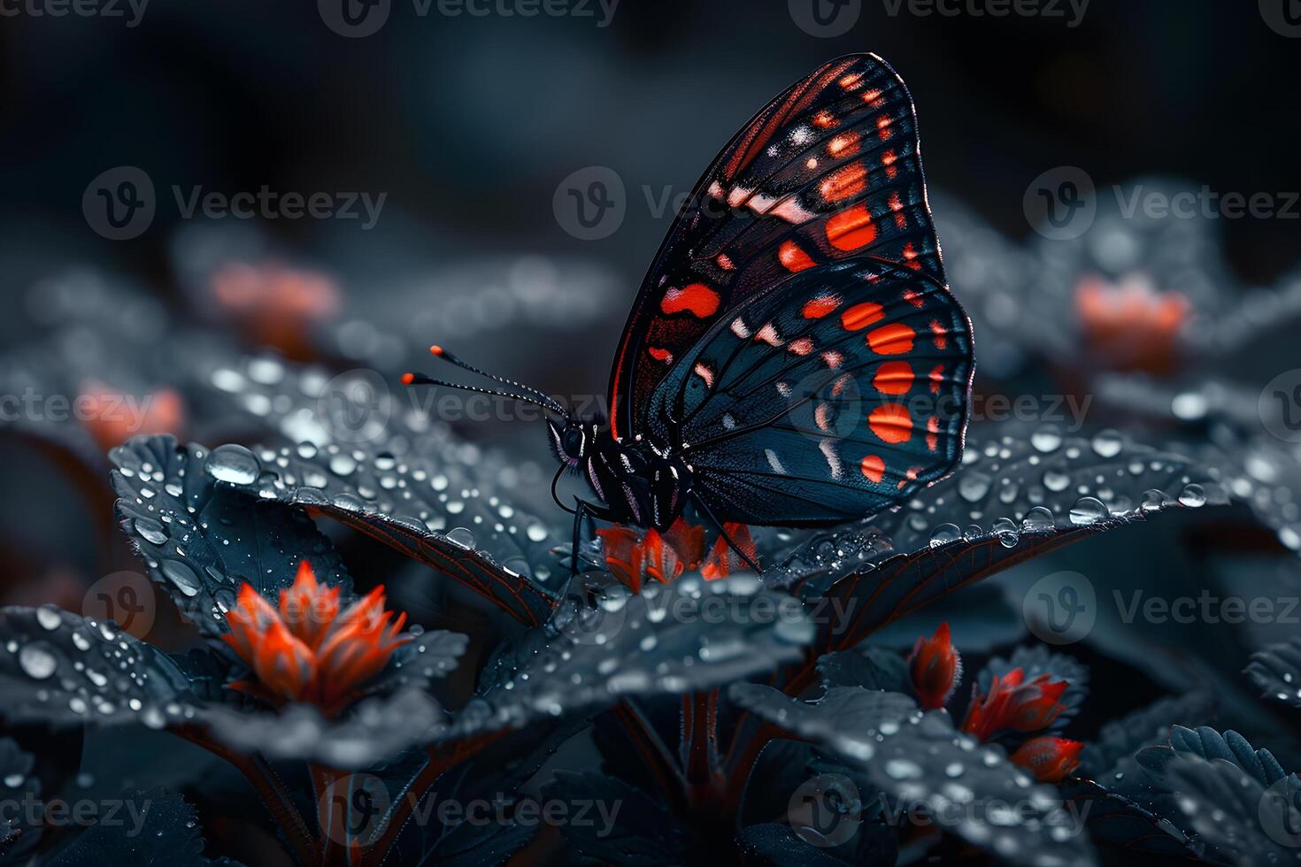 Vibrant Butterfly Resting on Dew-Covered Foliage with Red-Accented Wings - Nature's Beauty for Posters, Print, and Cards photo