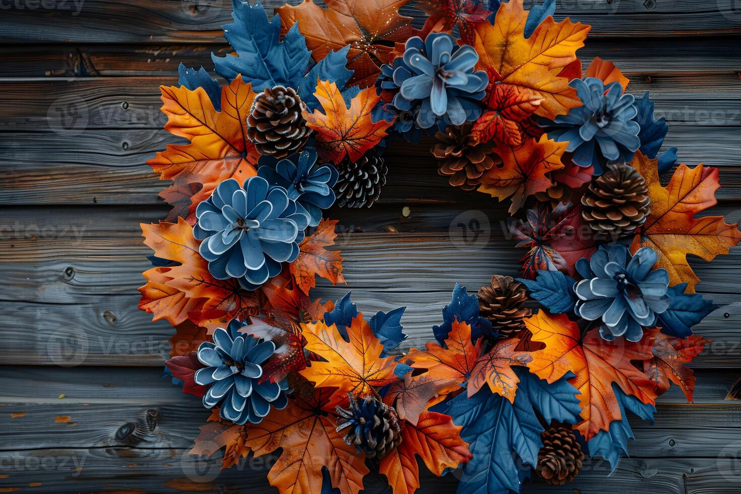 Autumn Wreath with Pinecones and Blue Succulents on Wooden Background - Perfect for Fall Decor photo