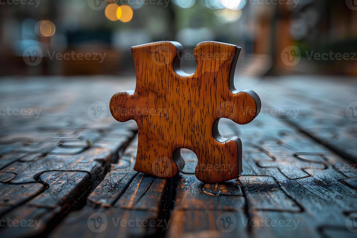Wooden Puzzle Piece on Rustic Table Surface - Concept of Problem Solving and Strategy photo