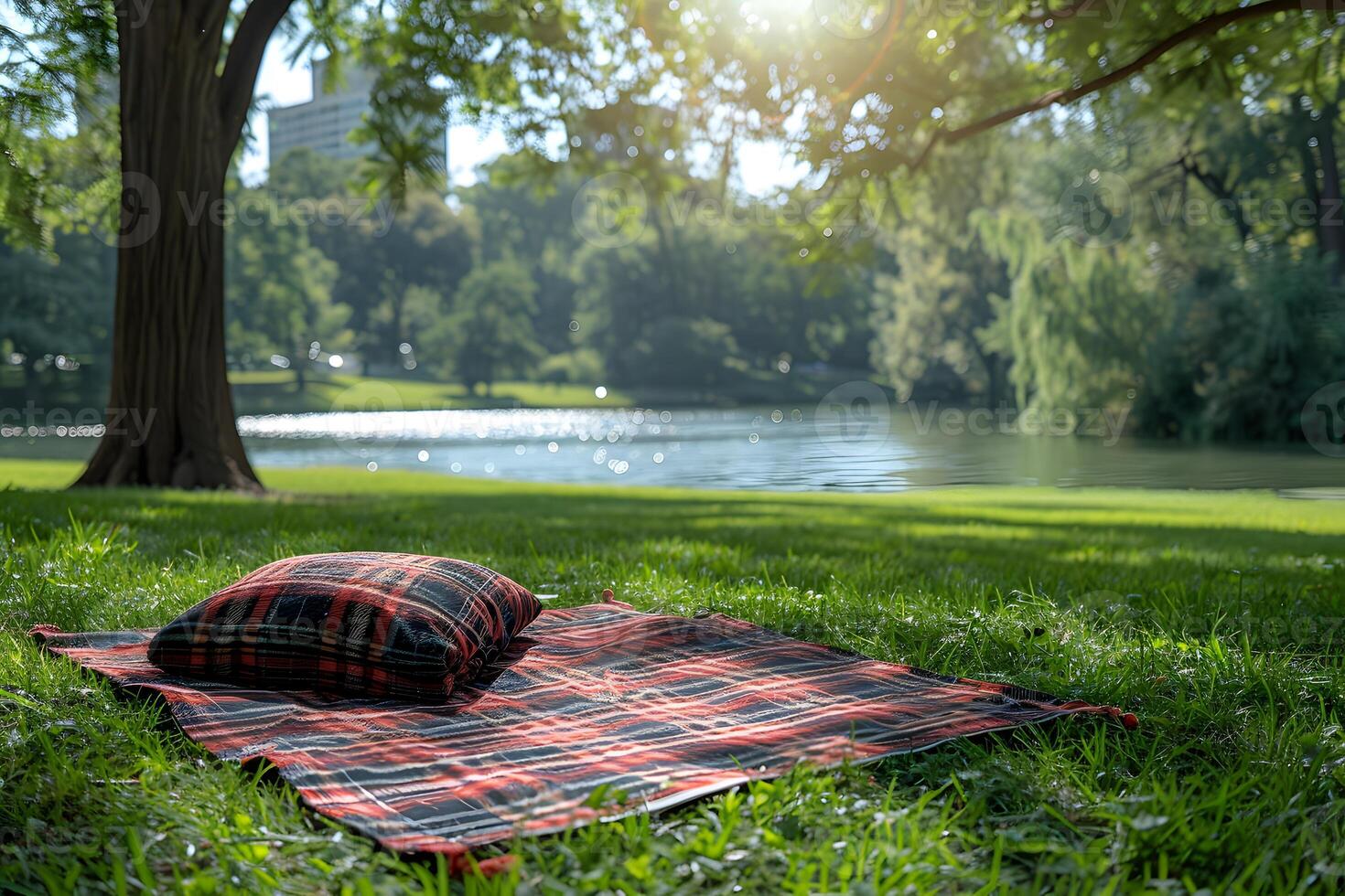 Tranquil Park Picnic Scene with Blanket and Pillow by Lakeside Under Sunlit Trees photo