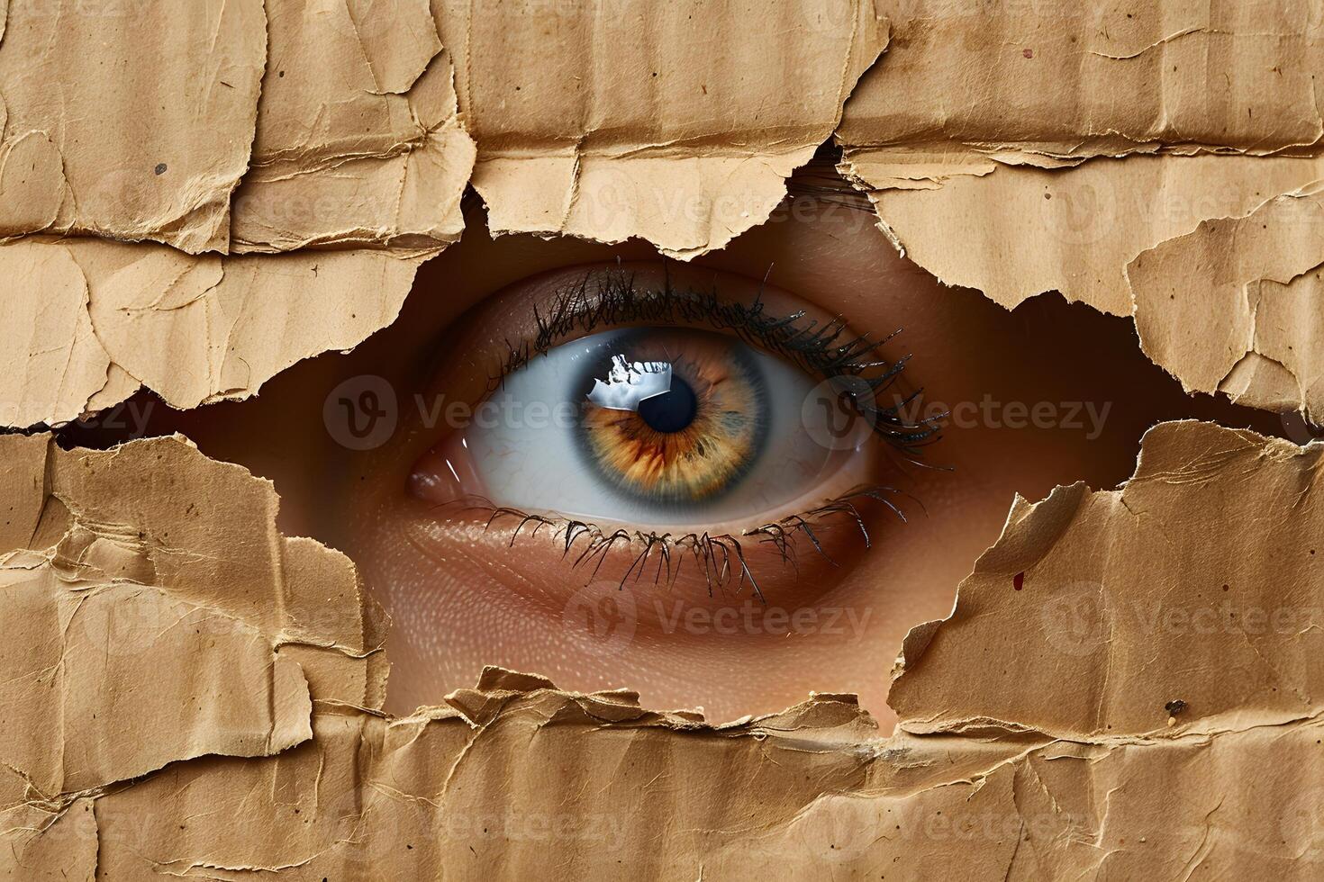Human Eye Peering Through Torn Cardboard for Curiosity, Mystery, and Surveillance Concepts photo