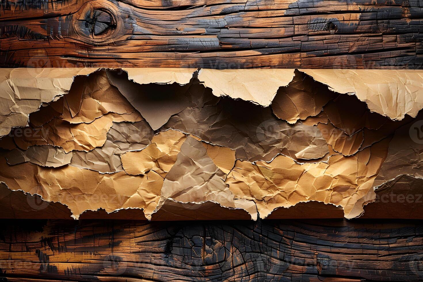 Rustic Torn Paper on Weathered Wood Texture - Vintage Background for Print, Design, Poster photo