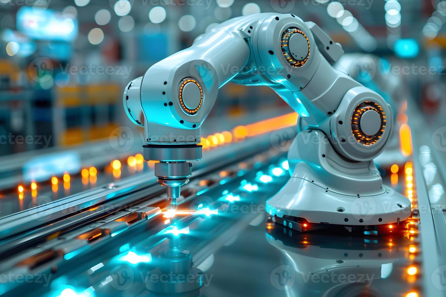 Industrial Automation Technology Robotic Arm Working on an Assembly Line in a Modern Factory Setting photo