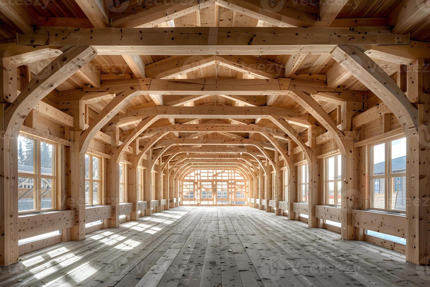 Wooden Architectural Structure with Beams and Windows Rustic Interior Design for Construction and Architecture Projects photo