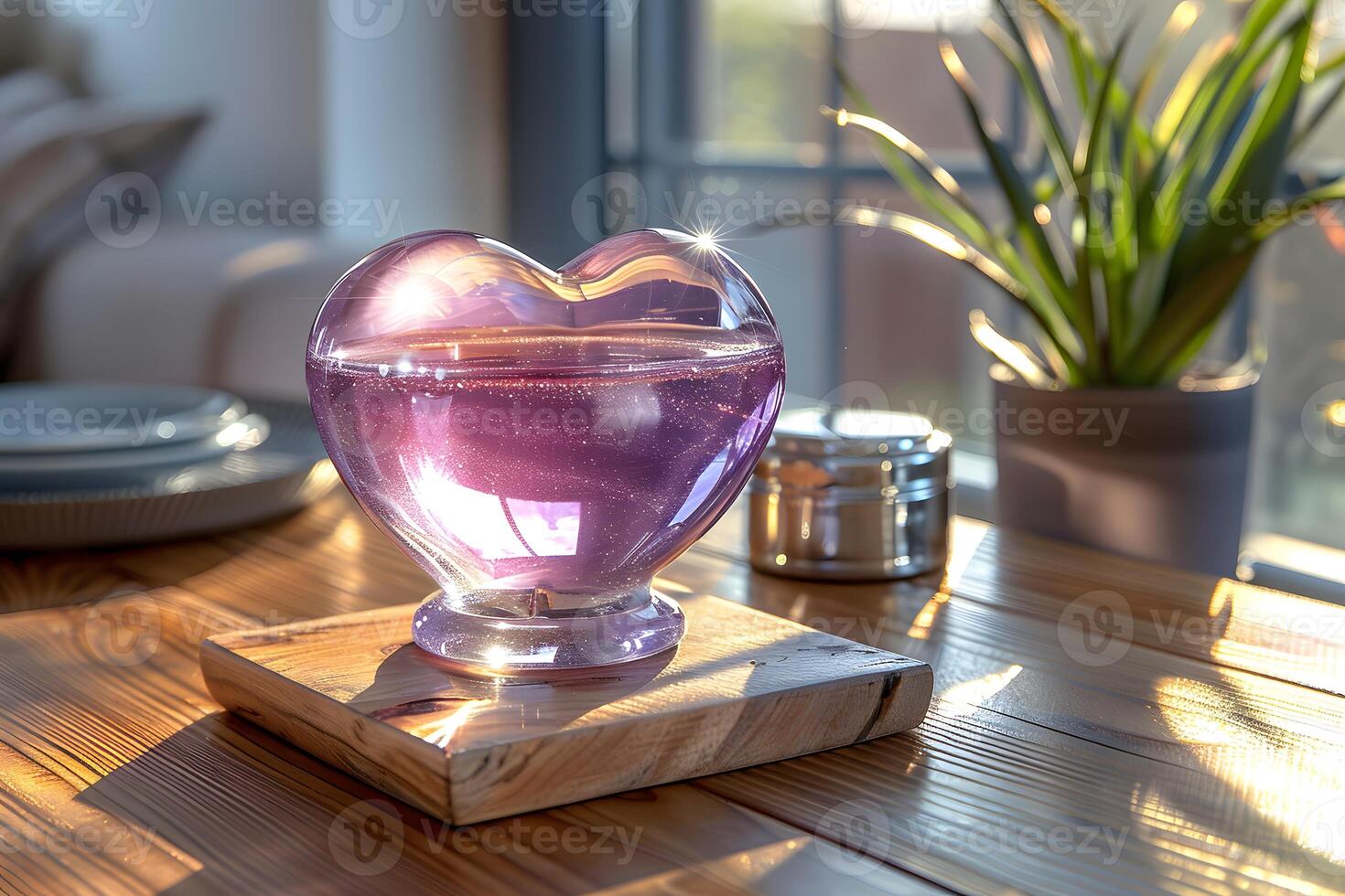 Sunlit Heart-Shaped Glass Decor with Glittering Pink Liquid and Houseplant on Wooden Table for Modern Home Interior photo