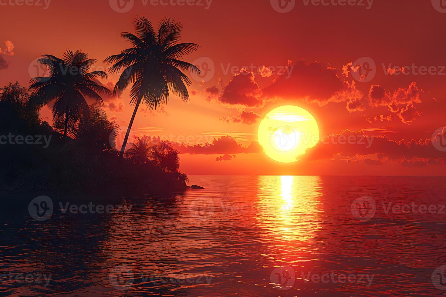 Tropical Sunset Seascape with Palm Trees and Vibrant Orange Sky - Ideal for Travel Prints and Posters photo
