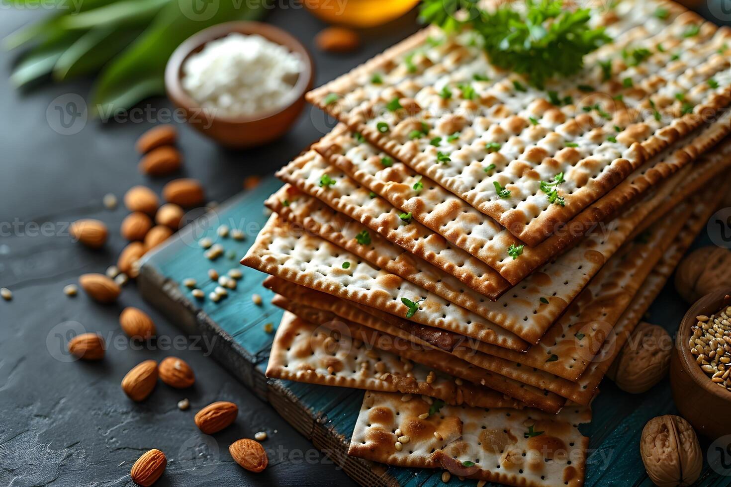 Traditional Passover Matzo Crackers with Fresh Herbs on Blue Wooden Board photo