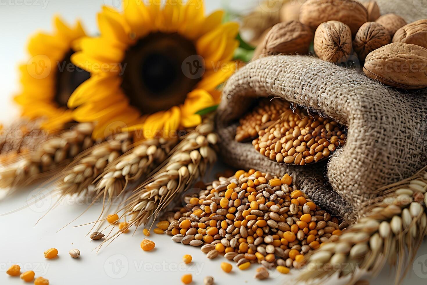 Burlap Sack of Grains with Wheat and Sunflowers - Rustic Farm Harvest Scene for Design, Print, Card, Poster photo