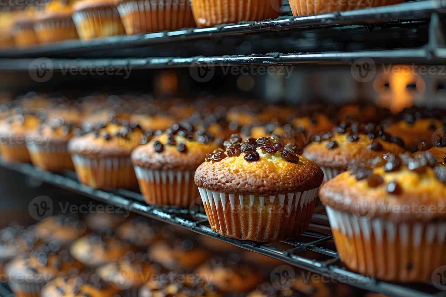Freshly Baked Raisin Muffins on Cooling Racks in a Bakery Kitchen - Food Photography for Menus, Websites, or Cookbooks photo