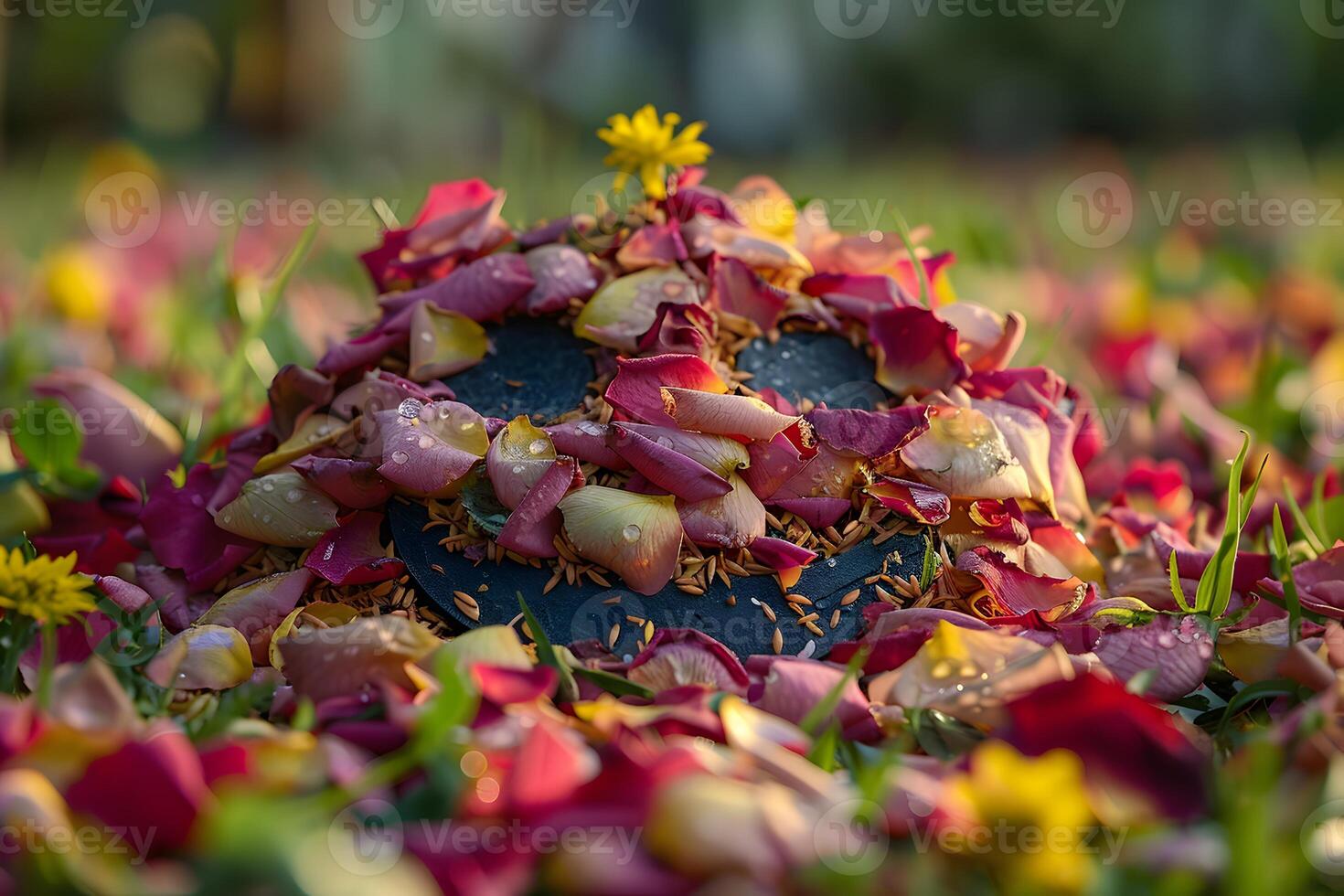 Flower Petal Arrangement with Yellow Flower in Garden - Natural Decor for Celebrations and Events photo