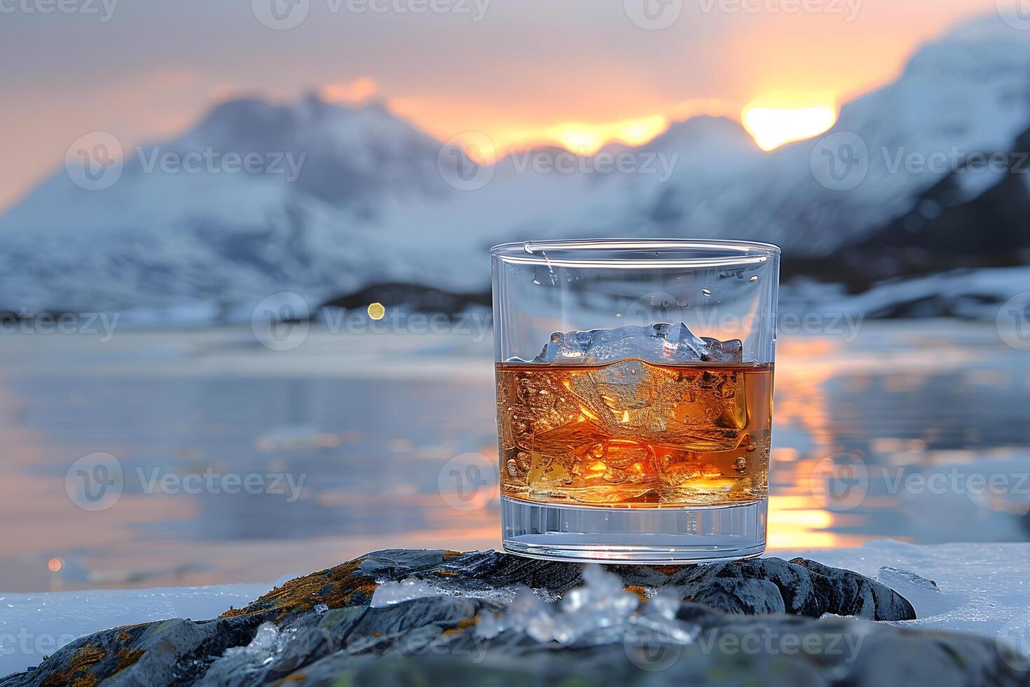 Whiskey on Ice with Scenic Mountain Sunset Perfect for Beverage Advertisement, Posters, or Bar Decor photo
