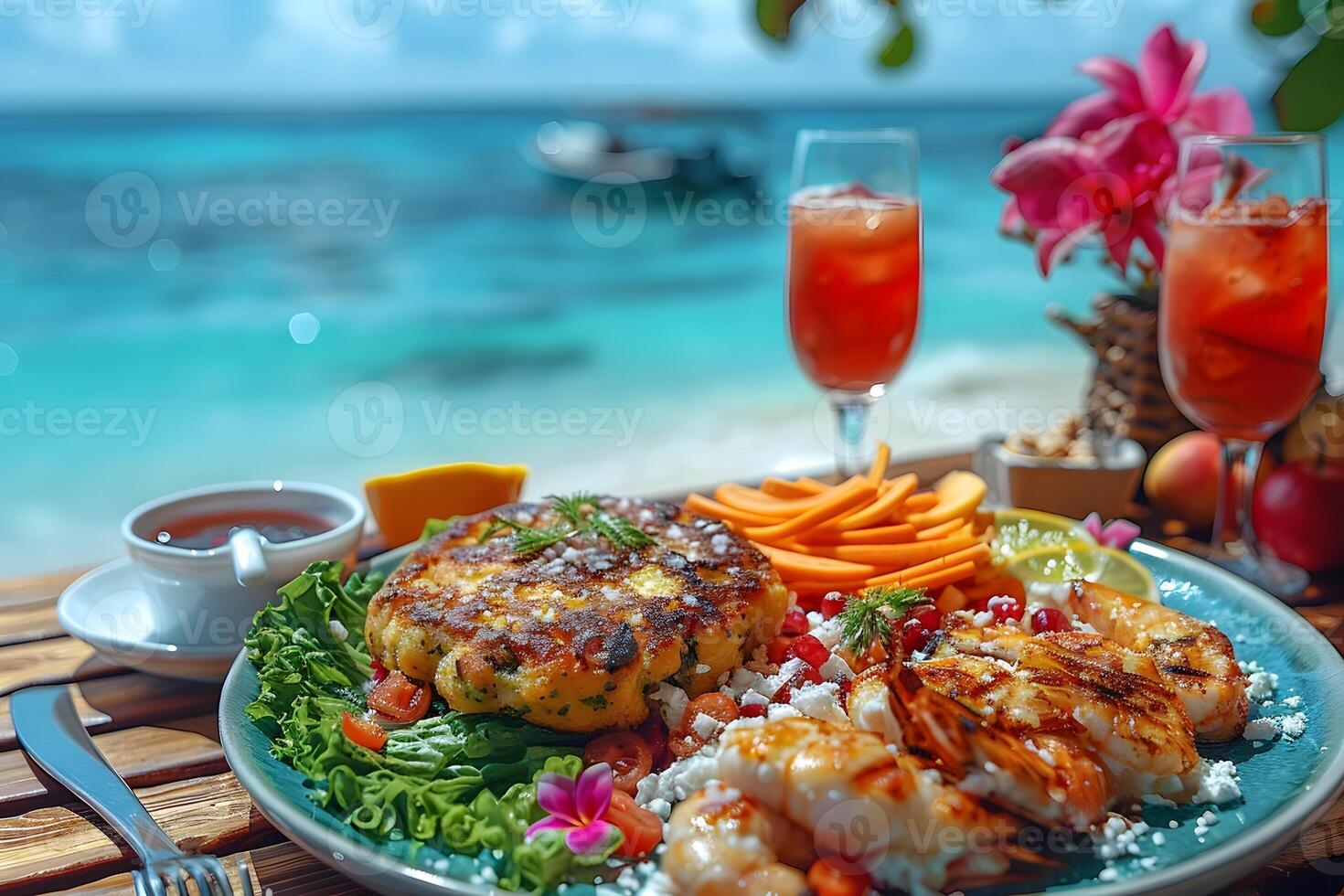 Tropical Beachside Seafood Feast with Grilled Shrimp and Potato Pancakes - Perfect for Summer Vacation Dining and Print Design photo