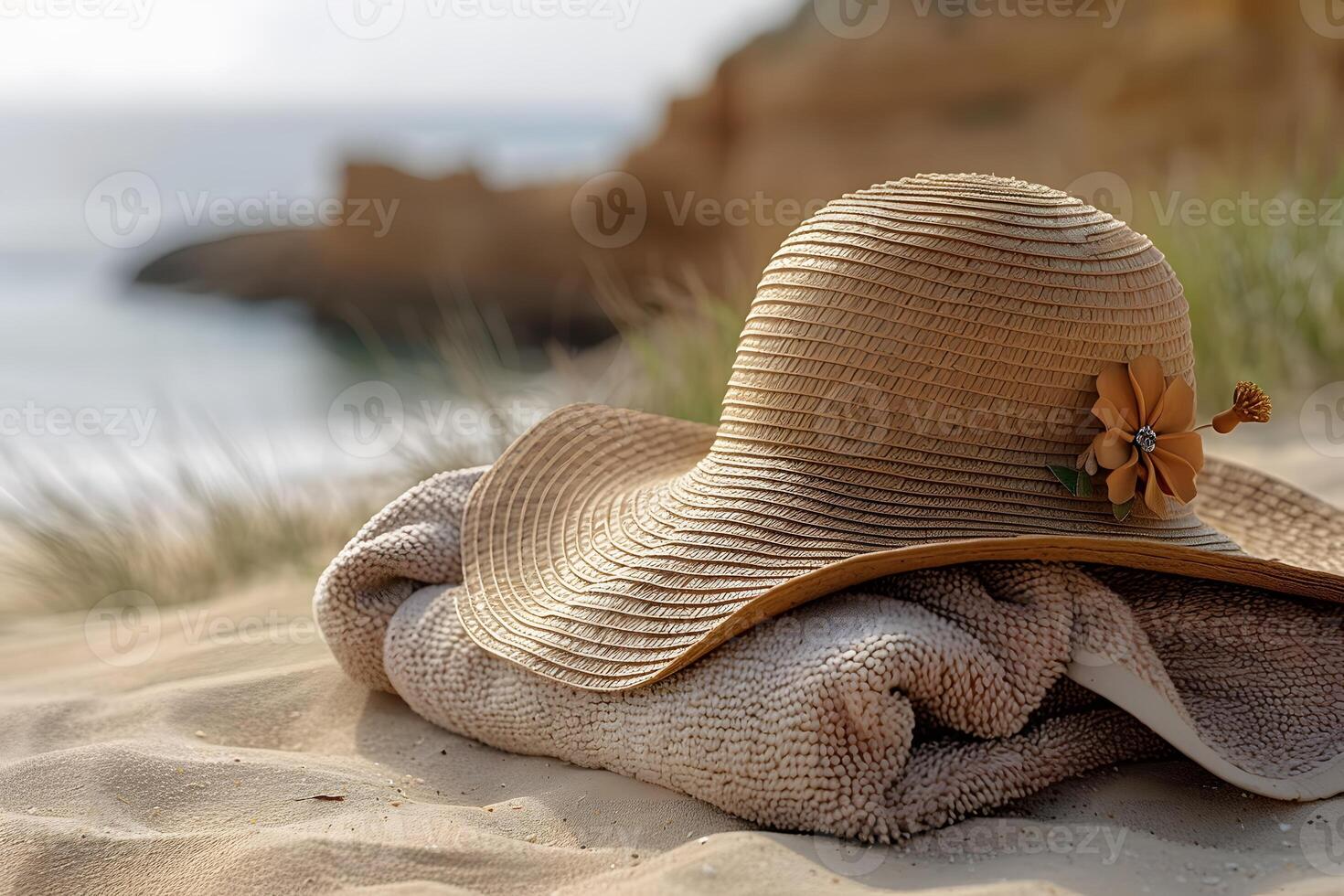 Beach Vacation Scene with Straw Hat and Towel on Sandy Coastline - Summer Relaxation Concept photo