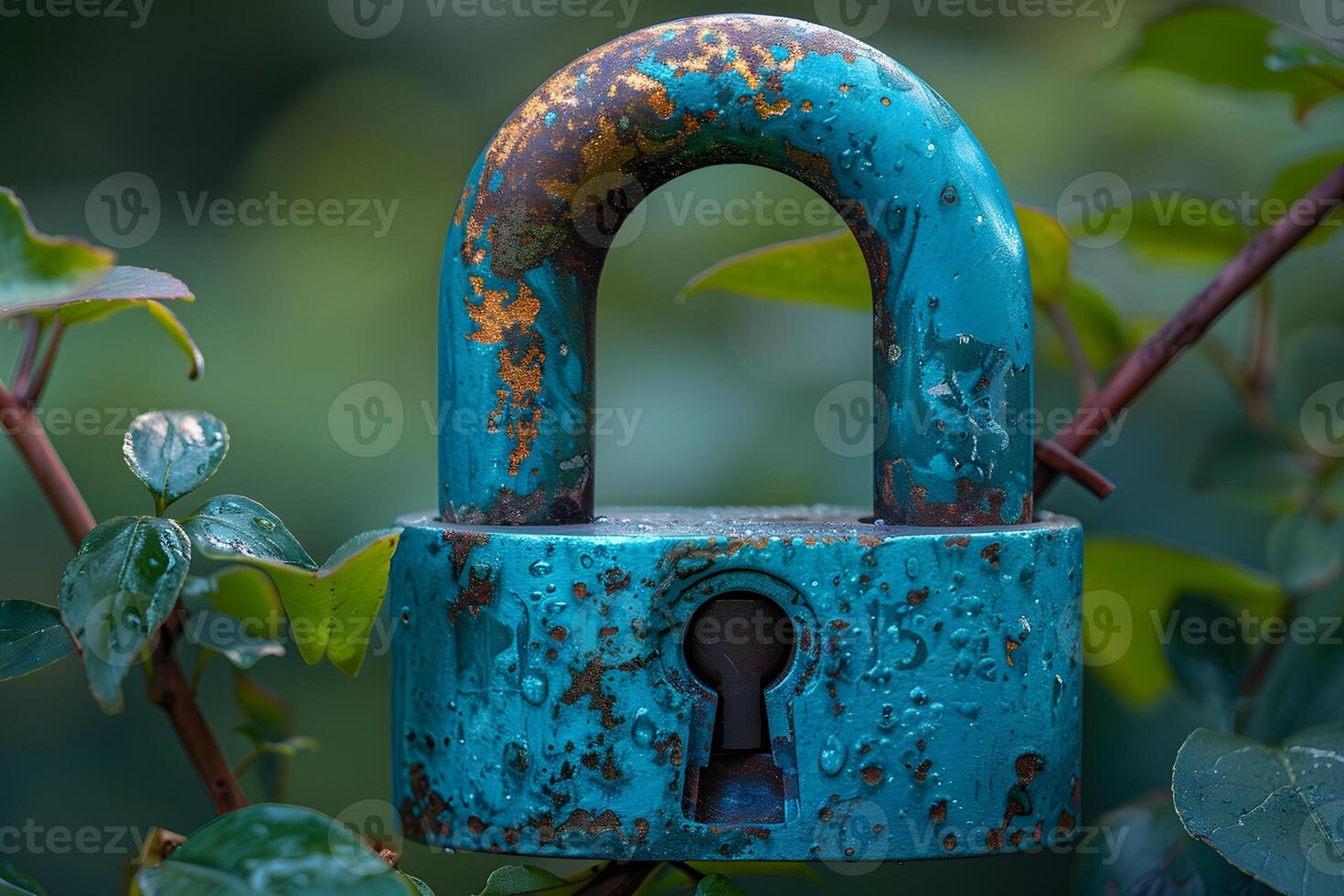 Rusty Blue Padlock in Nature - Symbol of Security, Strength, and Time - Perfect for Posters, Prints, or Cards photo