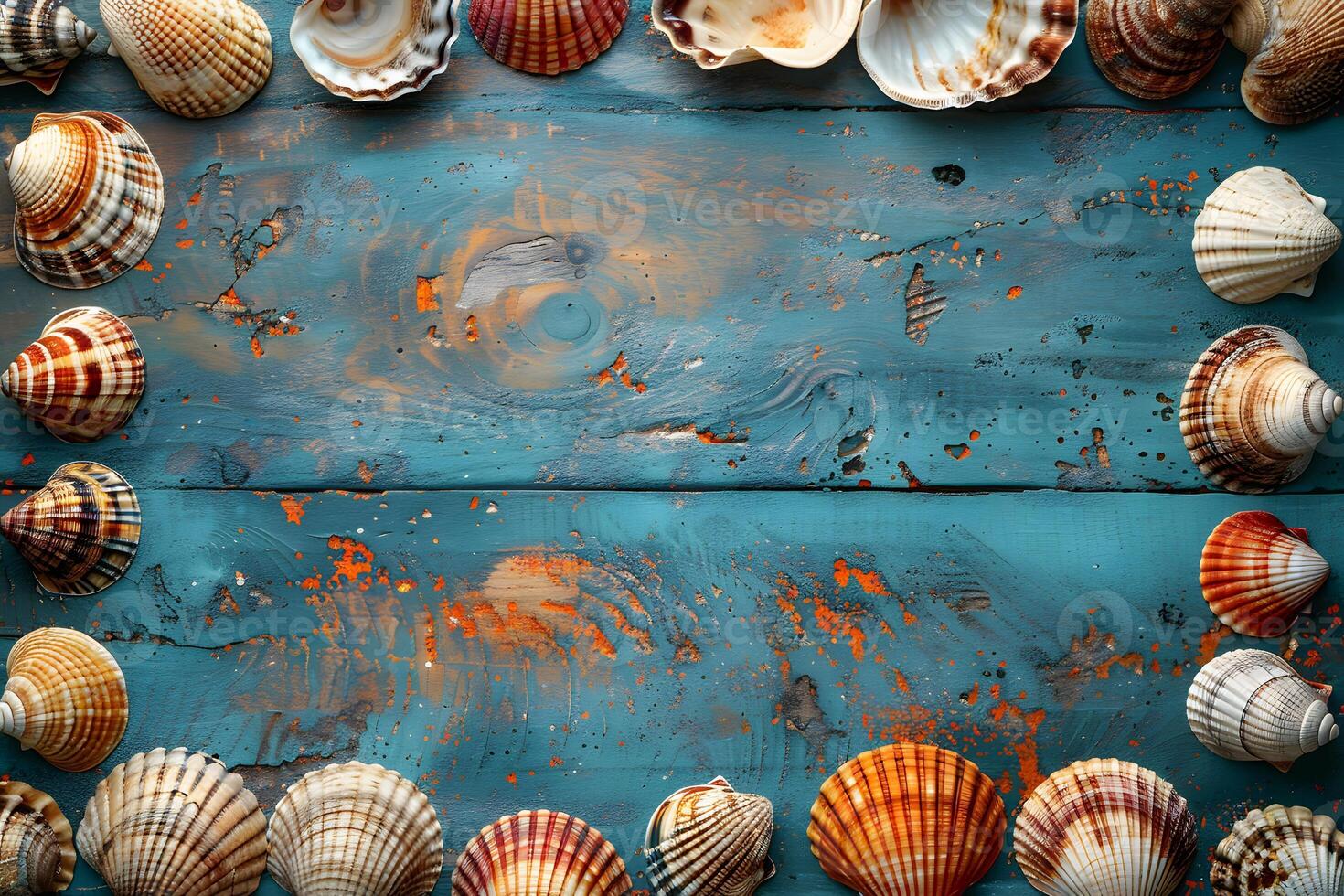 Seashells Border on Distressed Blue Wooden Surface for Coastal Design and Summer Beach Themes photo
