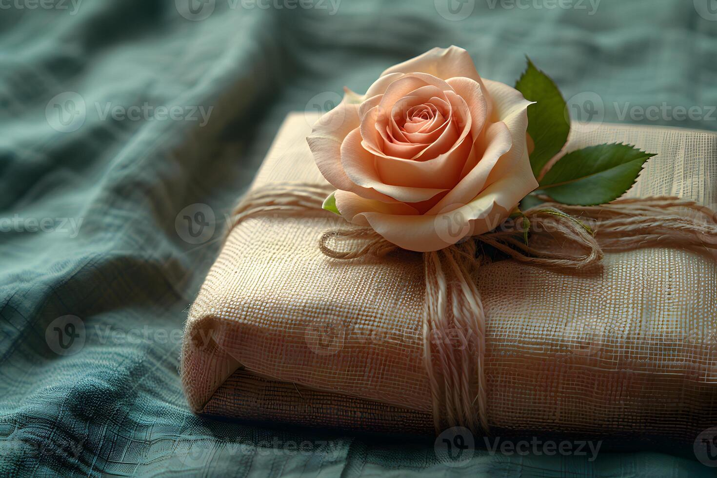 Elegant Gift Wrapped with Burlap and Adorned with a Peach Rose on Green Fabric Ideal for Romantic Occasions and Special Celebrations photo