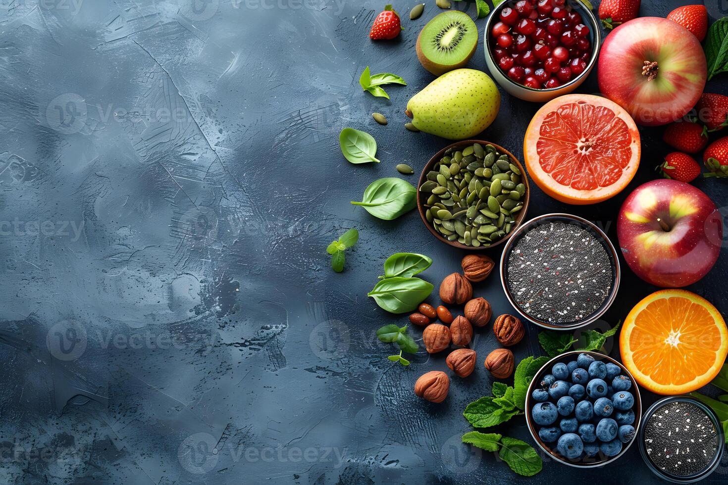 Fresh Fruits and Nuts on a Textured Grey Surface - Ideal for Healthy Eating, Nutrition Articles, and Food Blogs photo