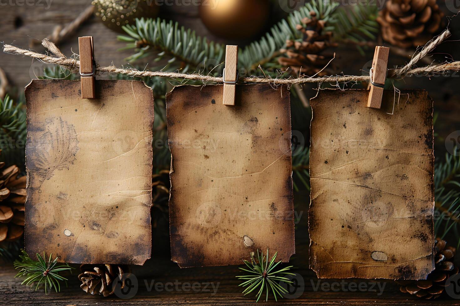 Rustic Christmas Background with Vintage Papers, Pine Cones, and Spruce Branches for Holiday Crafts photo