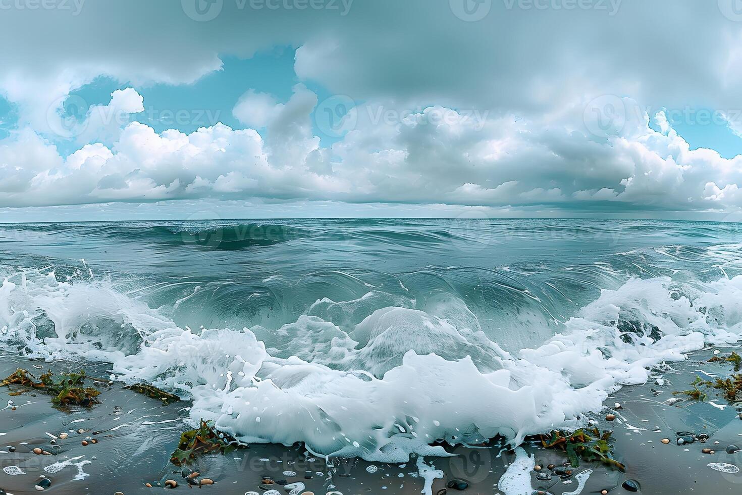 Dramatic Ocean Waves Crashing on Rocky Shore Under Cloudy Sky - Nature Landscape photo