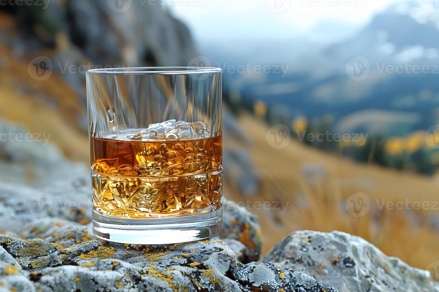 Whiskey Glass on Rocky Mountain Terrain Nature, Outdoors, Drink, Relaxation Design for Print, Poster photo
