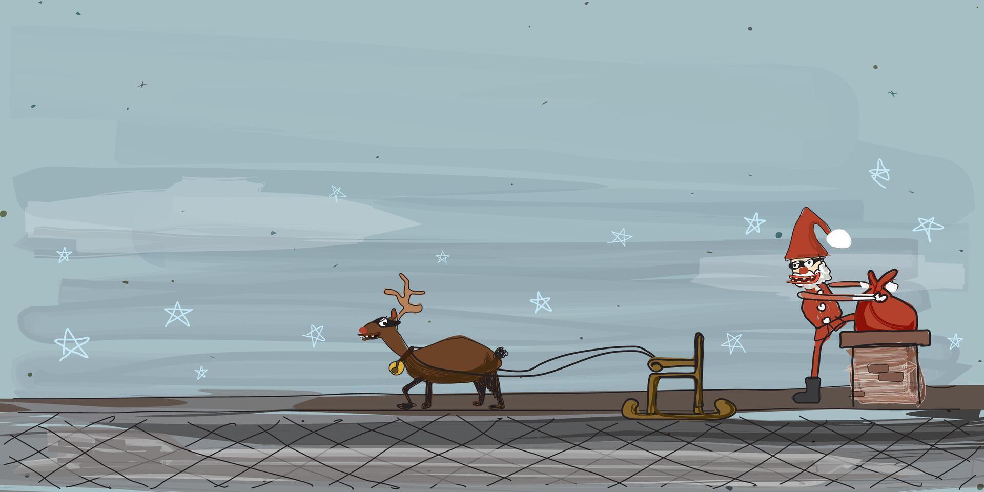Freaky Santa thief climbing out of the chimney on the roof with the stolen valuables in Christmas eve hand drawn style graphic illustration have blank space. vector