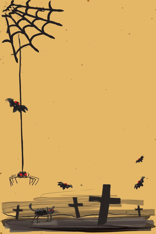 Graveyard with spider, black cat and bats doodle style on orange vertical background graphic illustration have blank space. Flyer or invitation vertical template for Halloween party. vector