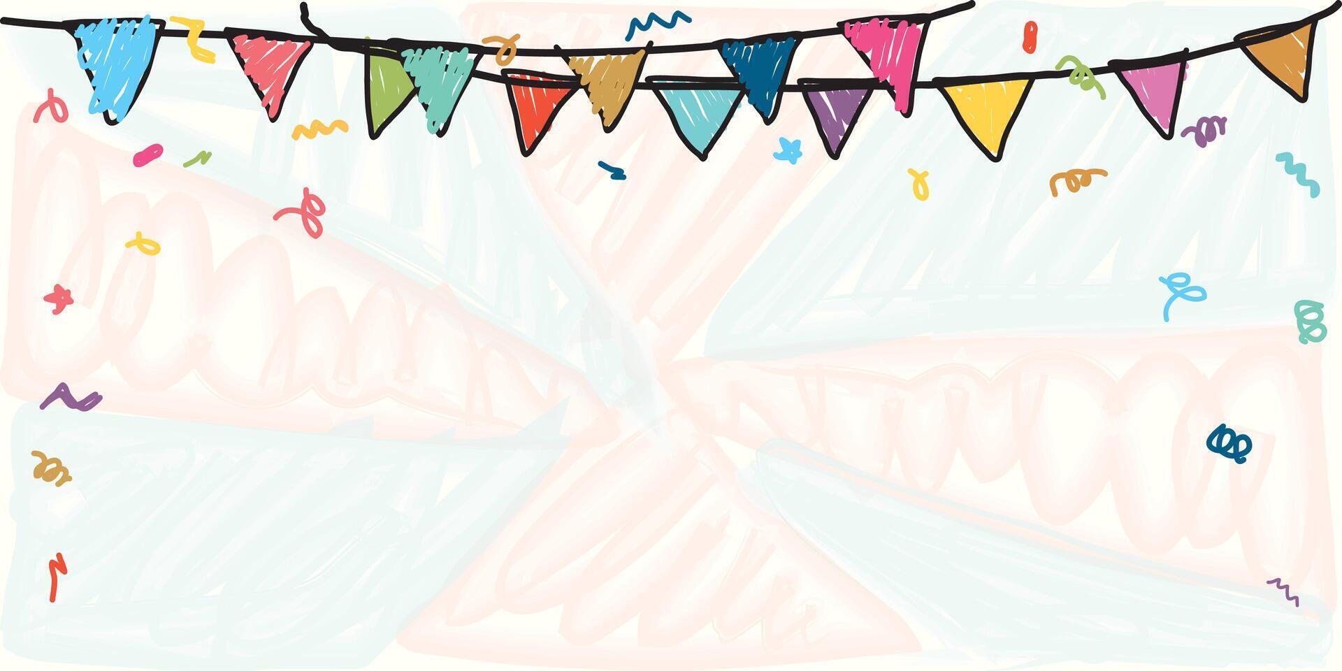 Colorful hanging flag garlands hand drawn childish style graphic illustration. Party background template have blank space. vector