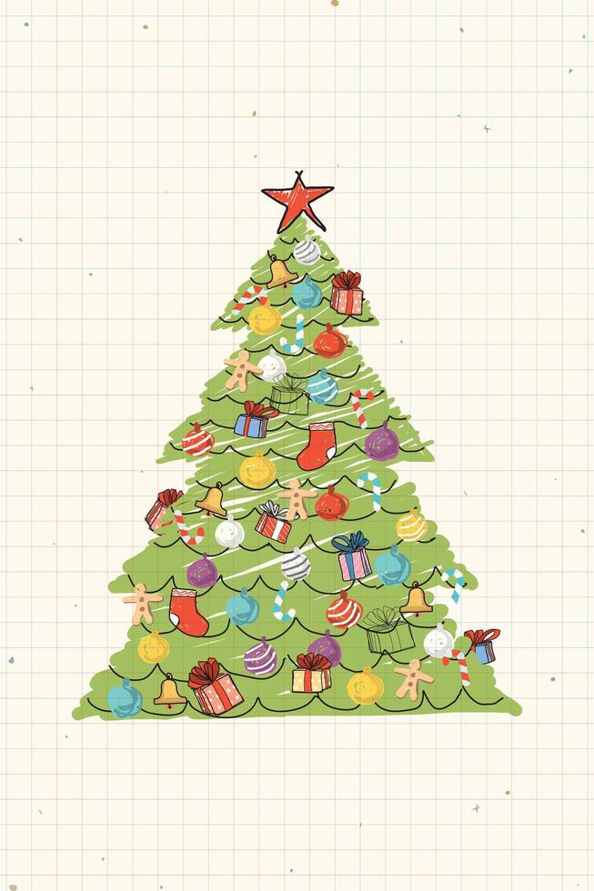 Christmas tree hand drawn childish style on old notebook paper graphic illustration have blank space. Merry Christmas and Happy New Year greeting card vertical template. vector