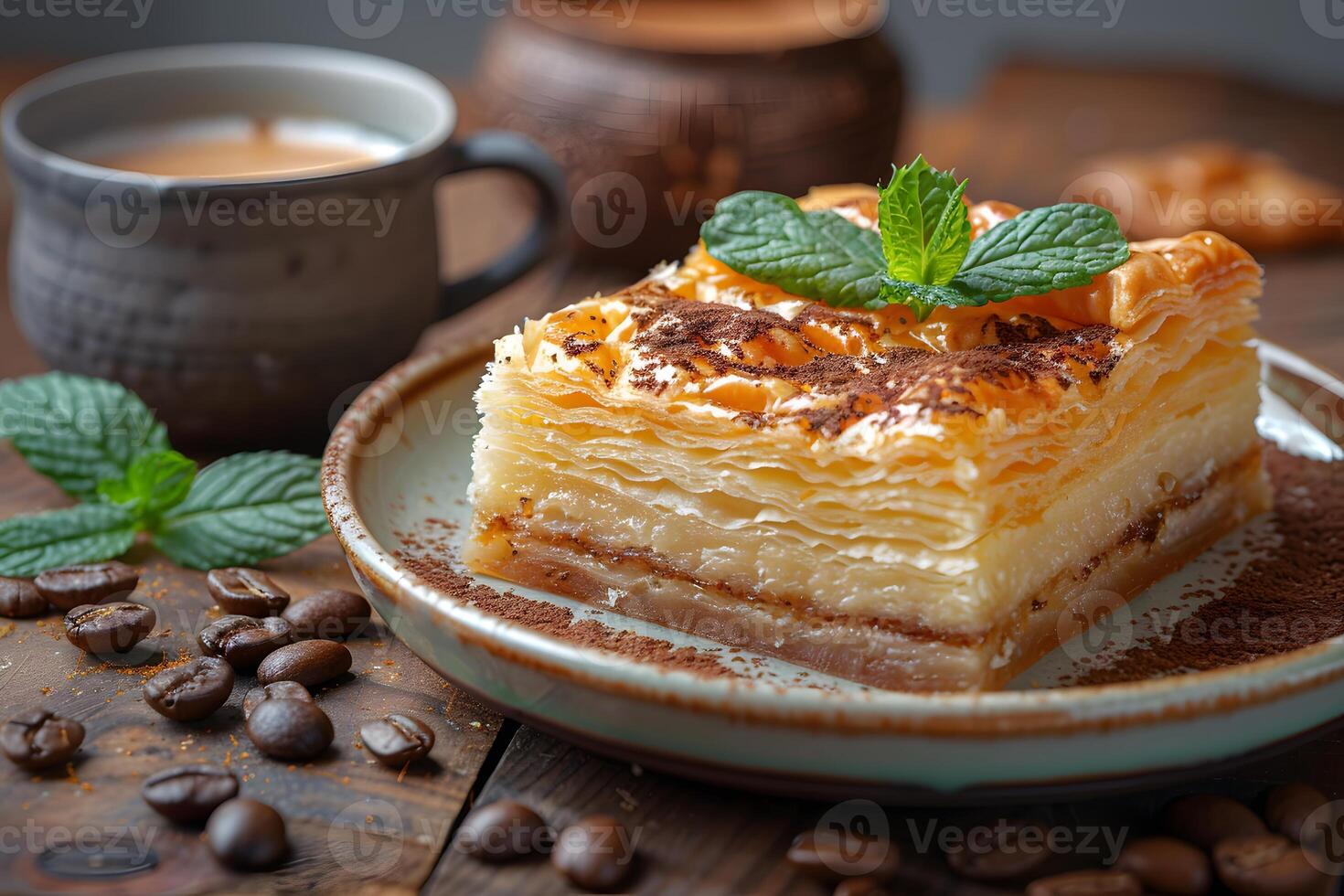 Delicious Baklava Dessert with Coffee and Fresh Mint in Cozy Cafe Setting - Perfect for Food Blogs and Menus photo