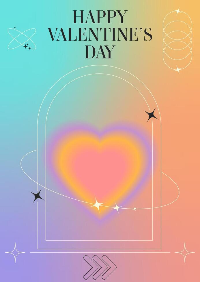 Happy Valentine's Day postcard template. Blurred gradient shapes. Hearts in trendy retro y2k style. vector