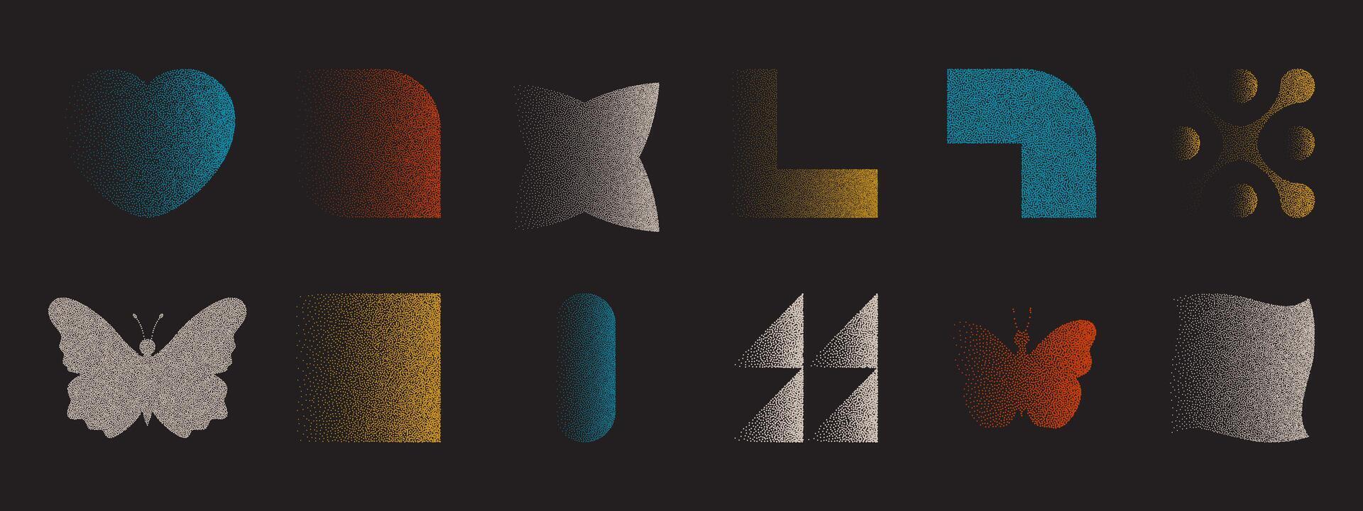 Set of trendy y2k elements with retro photocopy effect. noise grainy texture. vector