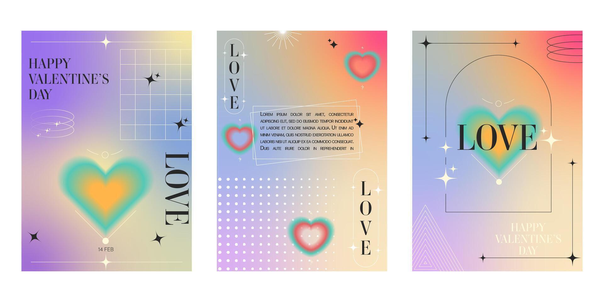 Set of happy Valentine's Day template. Blurred hearts in trendy retro y2k style for flyer, ads, invitation, promo, banner. vector
