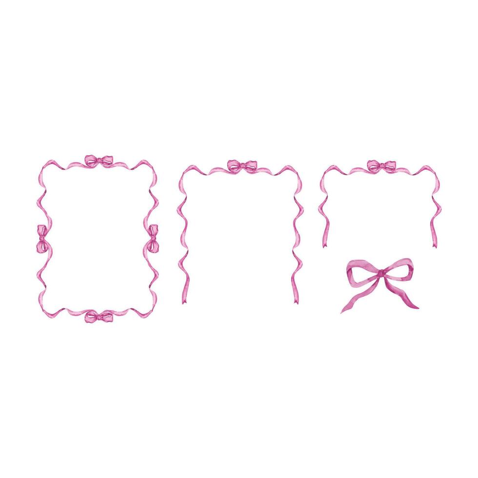 Pink frames set of watercolor ribbon and bow vector