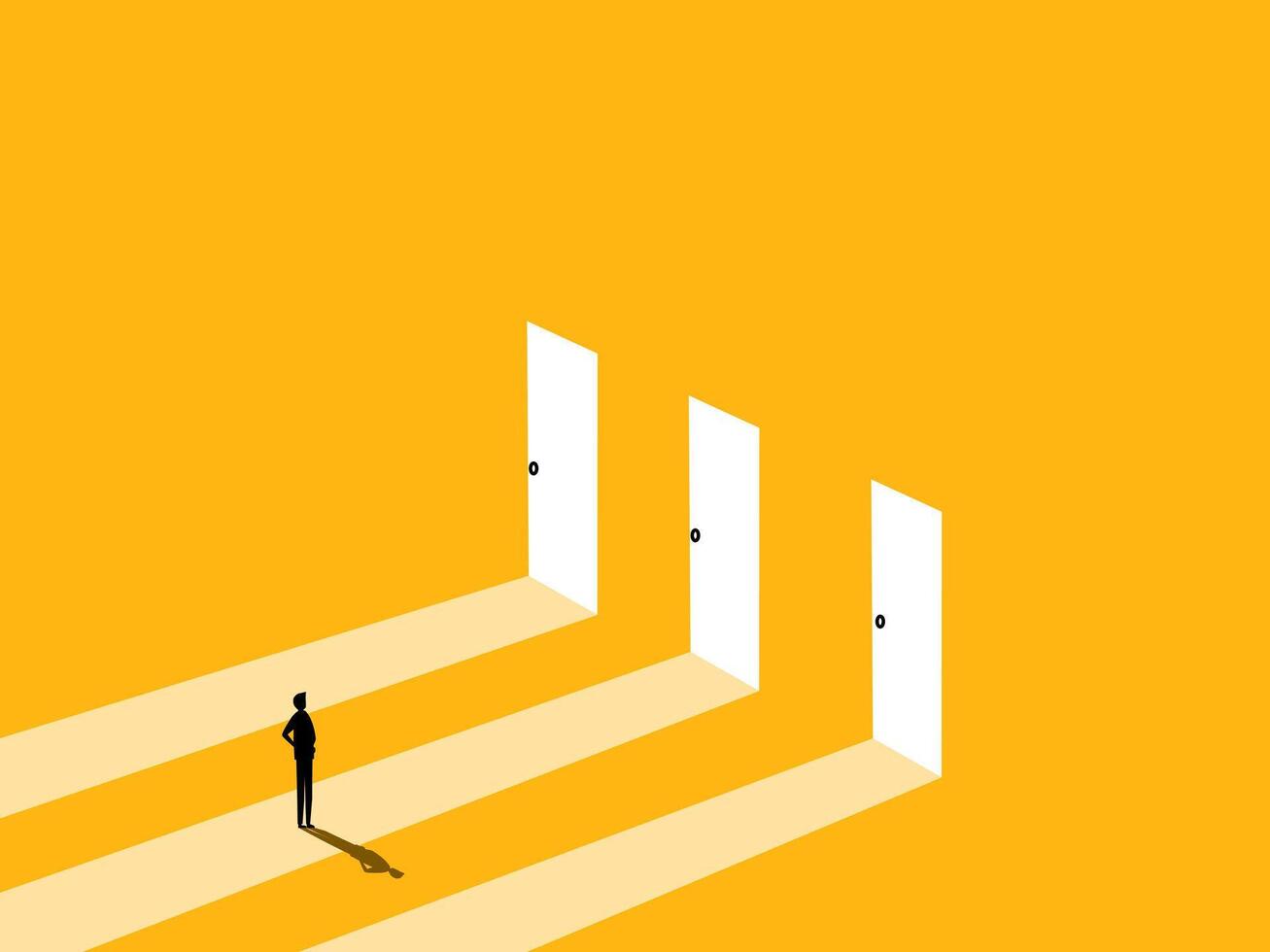Courage, ambition. Businessman stands at the door to choose a path vector
