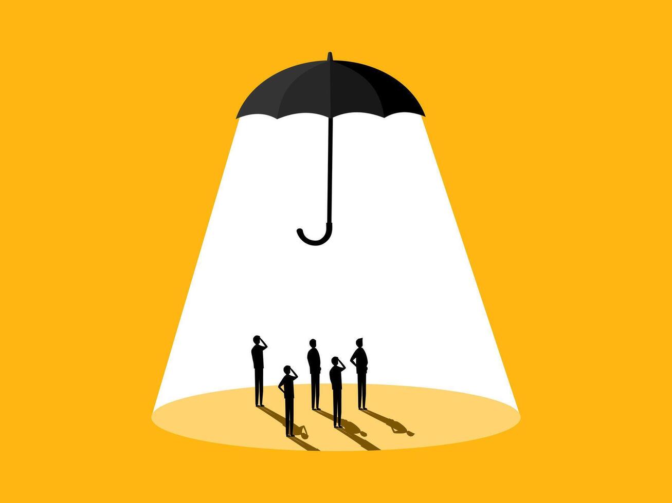 Protect business. Team of businessman standing under a protective umbrella vector