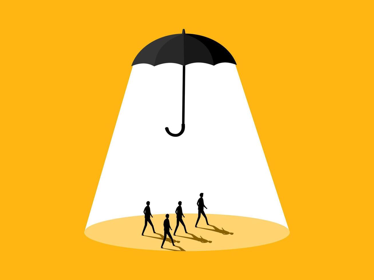 Protect business. Group of businessman standing under a protective umbrella vector