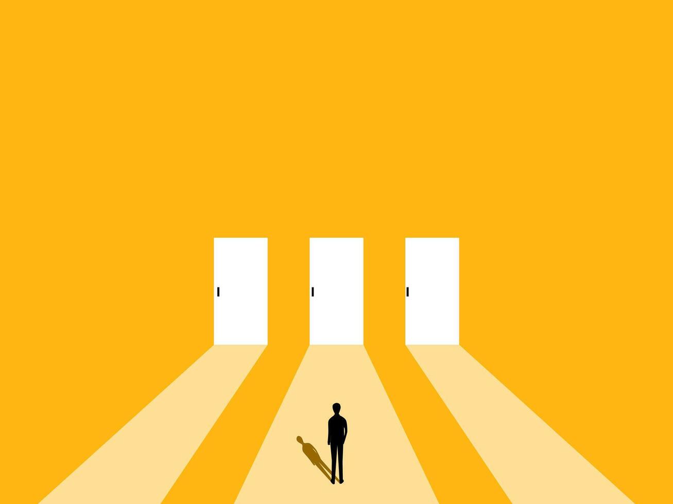 Courage. Businessman stands at the door to choose a path vector