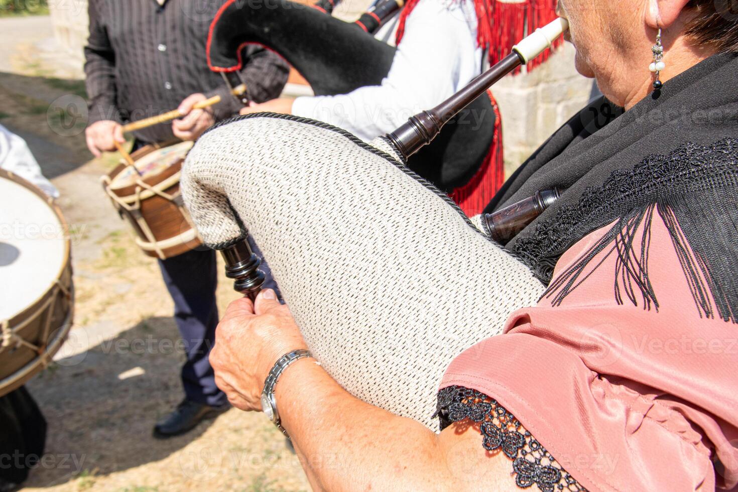 traditional folk music band in Galicia, the instruments are bagpipes, drums and bass drums. photo