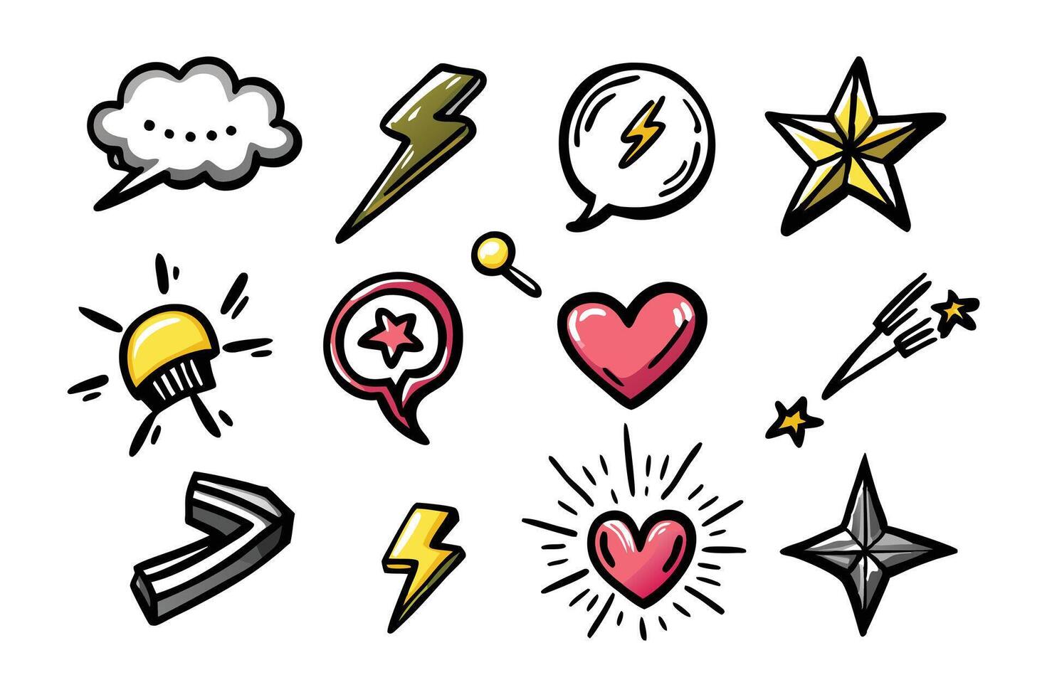 A set of comic icons including a heart, star, lightning bolt, and cloud vector