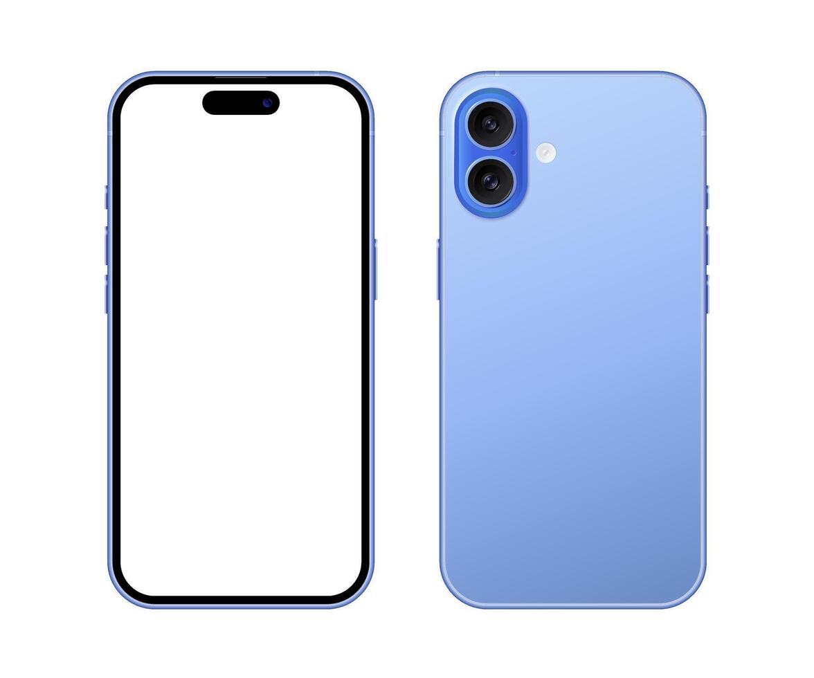 Modern mobile phone device front back mockup template. Blue color smartphone with blank display for product advertisement, presentation and user interface design illustration vector