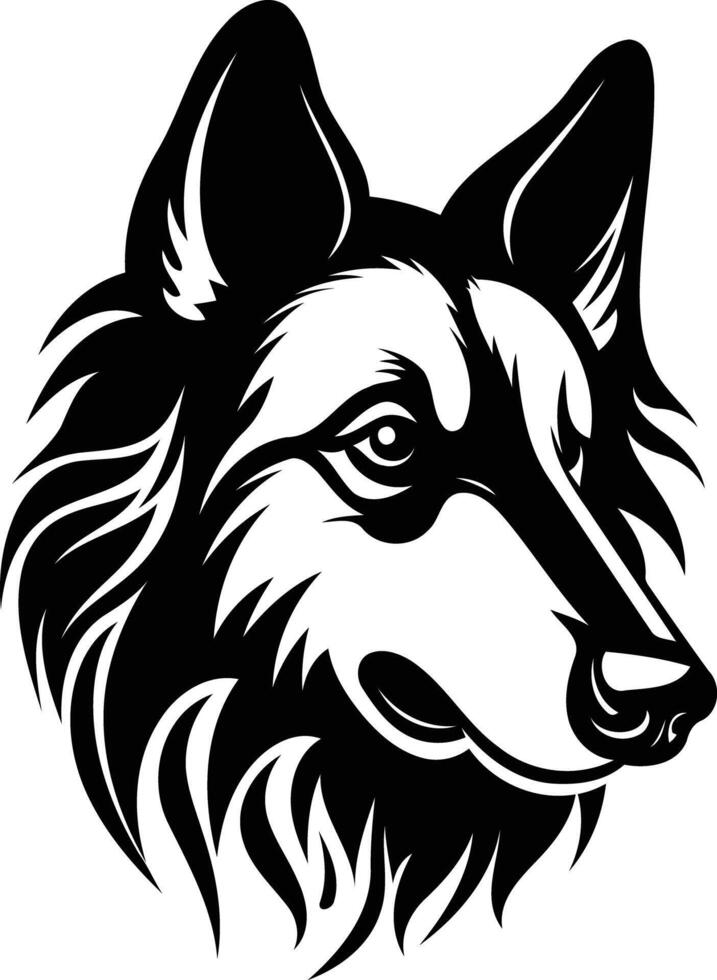 The head of a wolf is shown in black and white vector