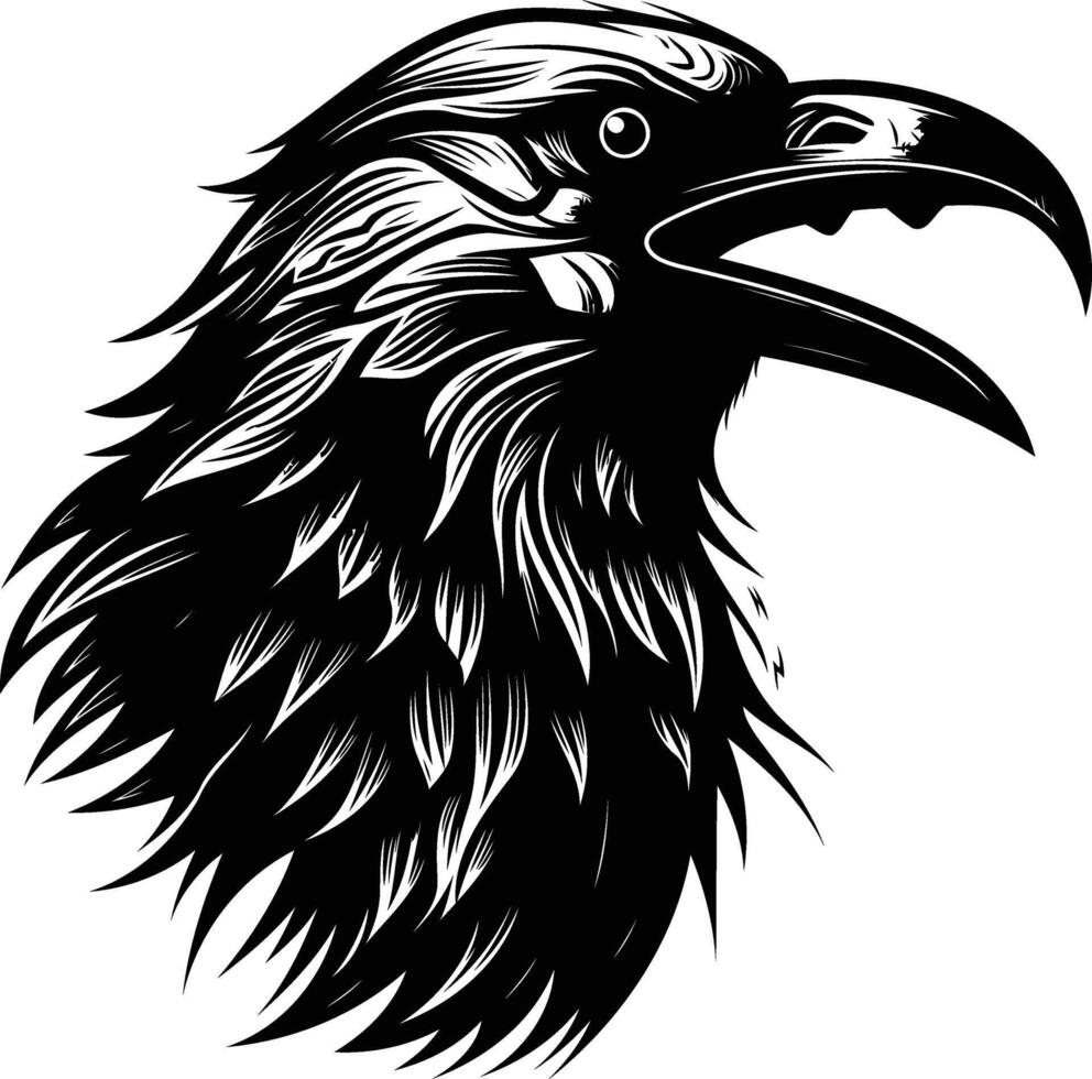 A black and white image of a raven head vector