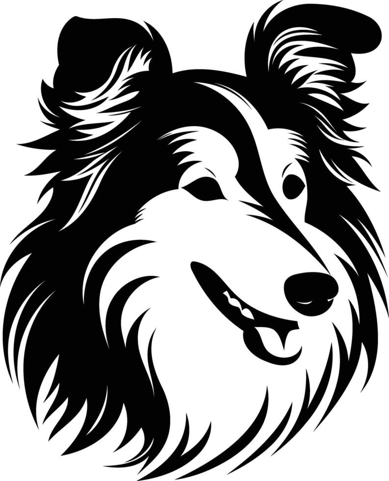A collie dog head is shown in black and white vector
