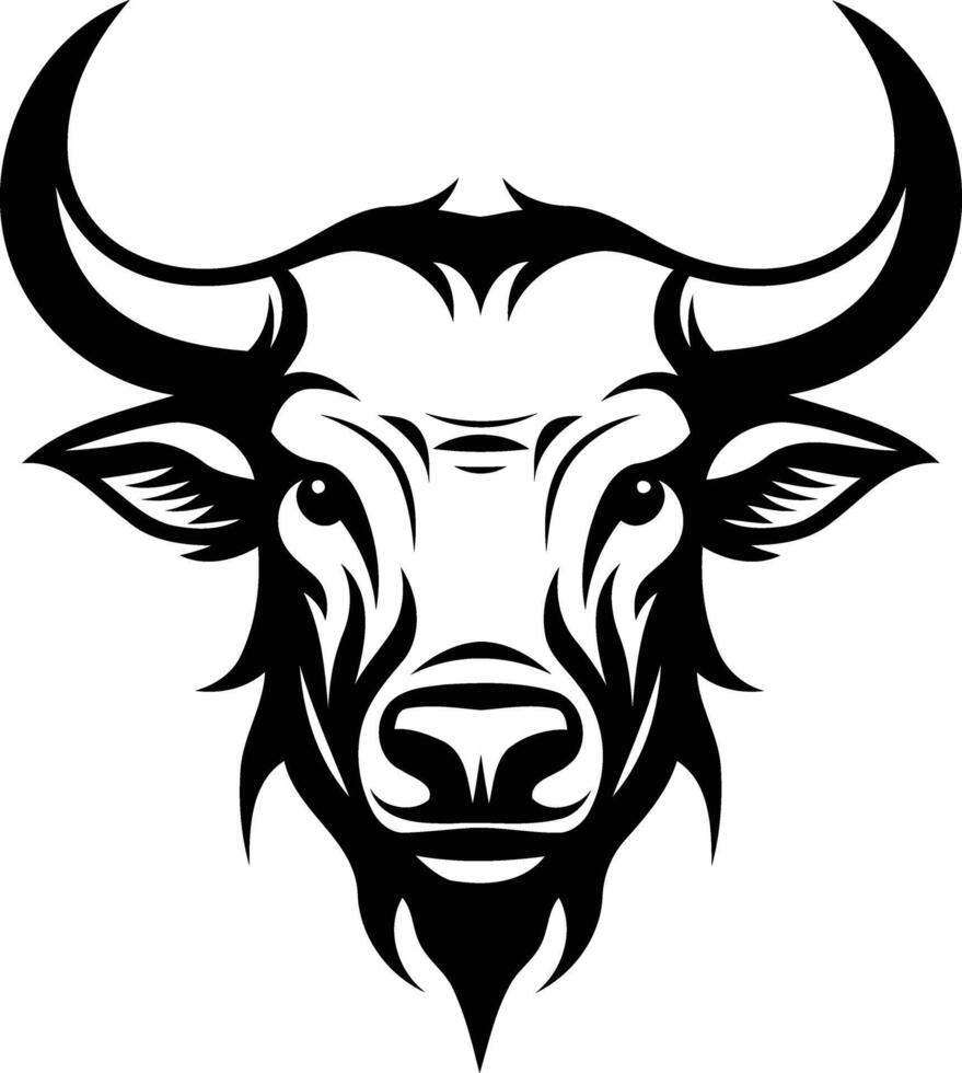 The head of a bull is shown in black and white vector