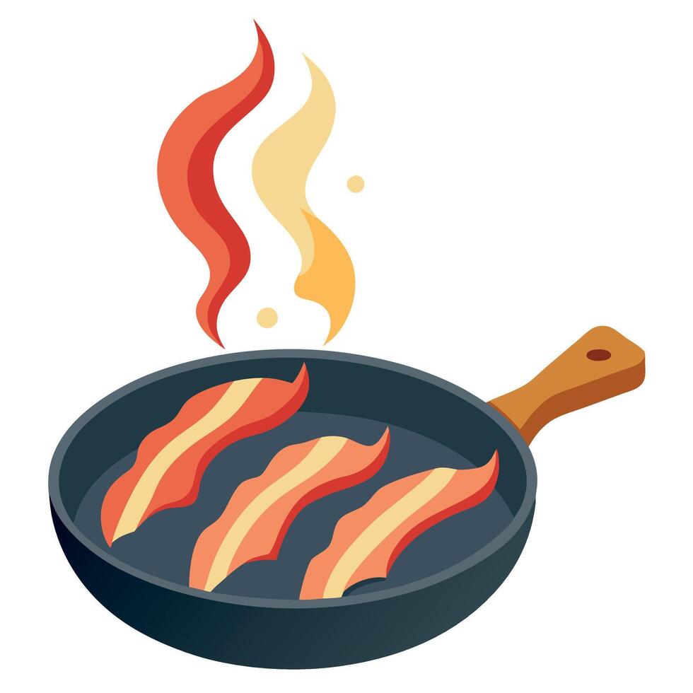 Crispy bacon strips sizzling delicious fried pork breakfast food concept. pan. meat. greasy. savory. vector