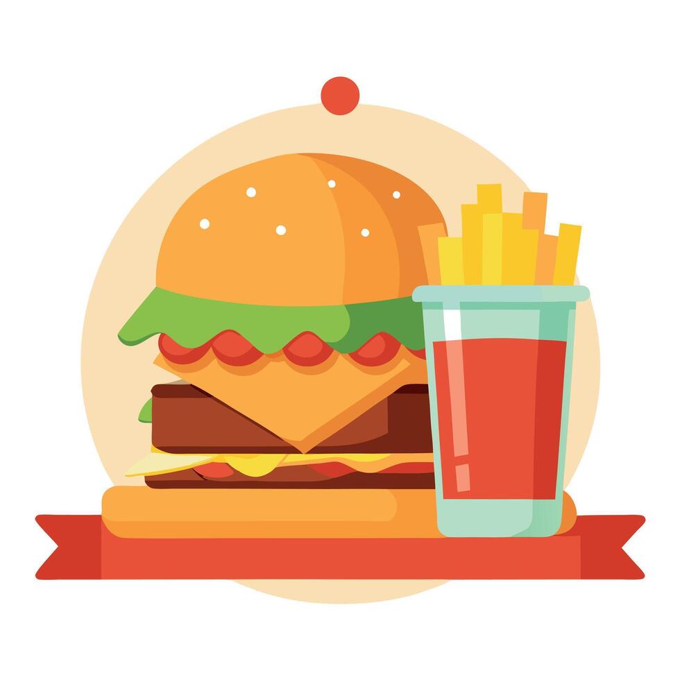 Big tasty burger hamburger cheeseburger on plate board with beef. cheese. tomato. bacon. french frie vector