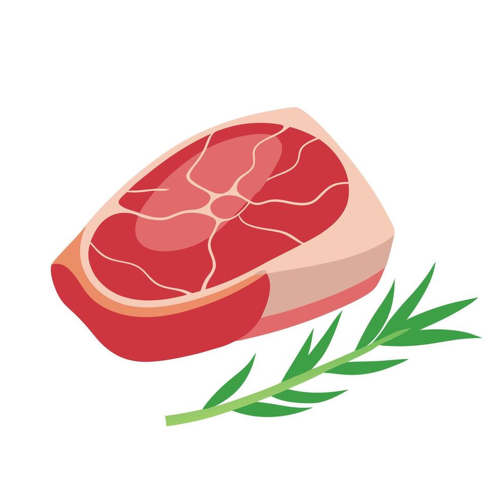 A pristine slice of raw meat adjacent to a fragrant sprig of rosemary on a pristine white marble cou vector